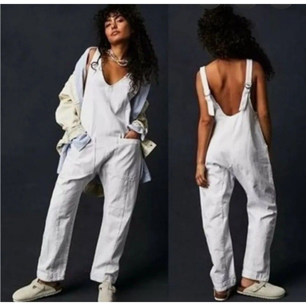 NWT Free People High  Roller Denim Jumpsuit Overalls Optic White Women's Large